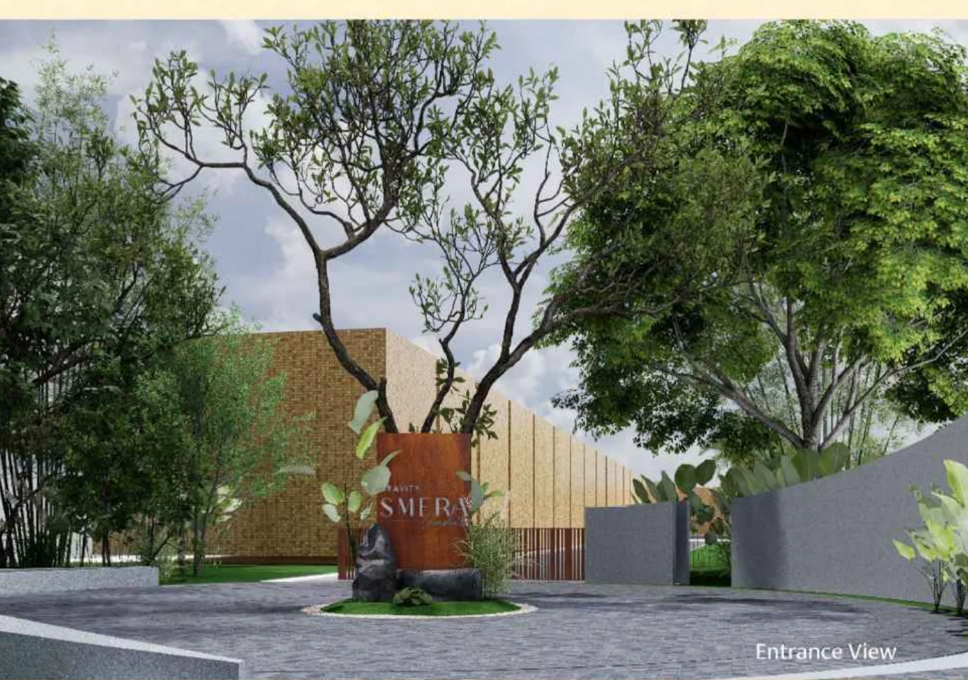Gravity Smera Gardens forest entrance arch and arrival plaza