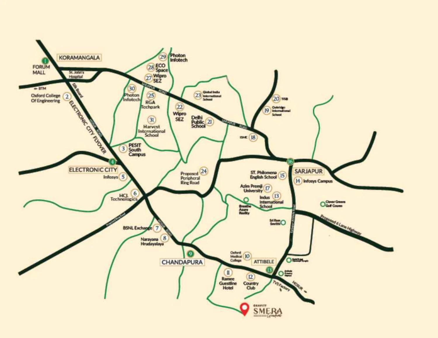 Gravity Smera Gardens location map showing the site off Hosur Road near Electronic City